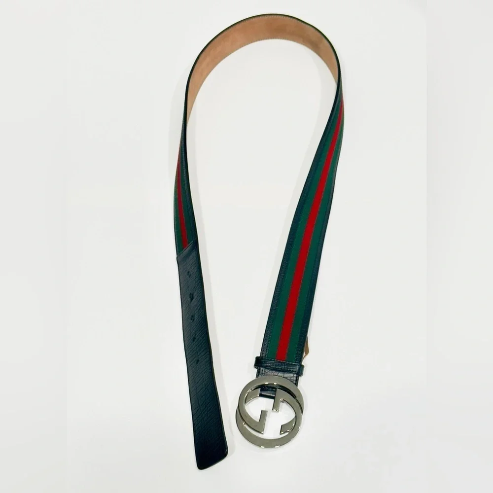 Gucci Web Canvas Black Leather Belt 114984 Silver Interlocking G Buckle 100/40